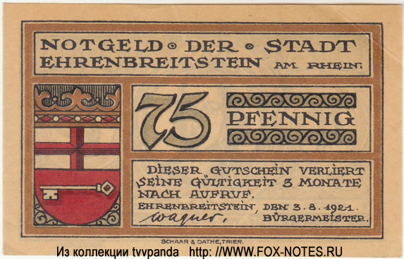 Stadt Ehrenbreitstein 75 Pfennig 1921