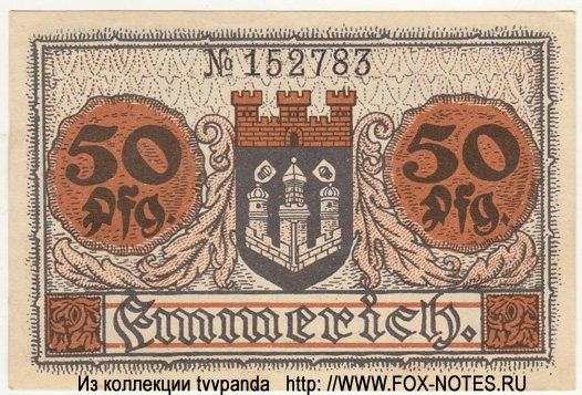 Gutschein der Stadt Emmerich. 50 pfennig. 15. November 1918.