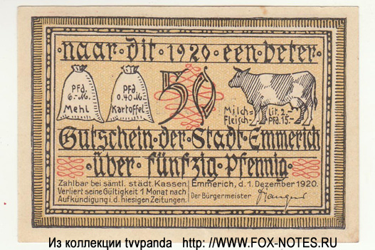 Gutschein der Stadt Emmerich. 50 Pfennig. 1. Dezember 1920.