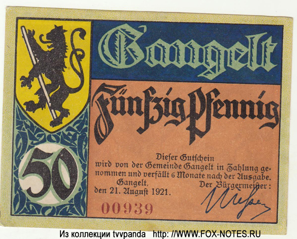 Gemeinde Gangelt. Gutschein. 50 Pfennig. 21. August 1921.