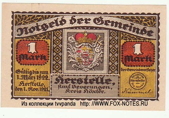 Notgeld der Gemeinde Herstelle. 1 Mark. 1. November 1921.