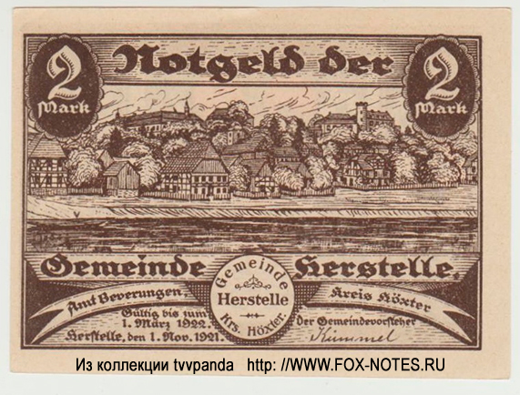 Notgeld der Gemeinde Herstelle. 2 Mark. 1. November 1921.