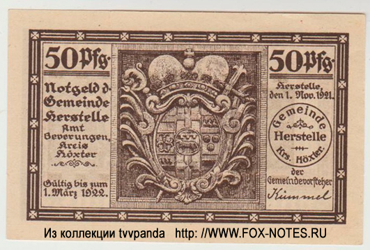 Notgeld der Gemeinde Herstelle. 50 Pfennig. 1. November 1921.