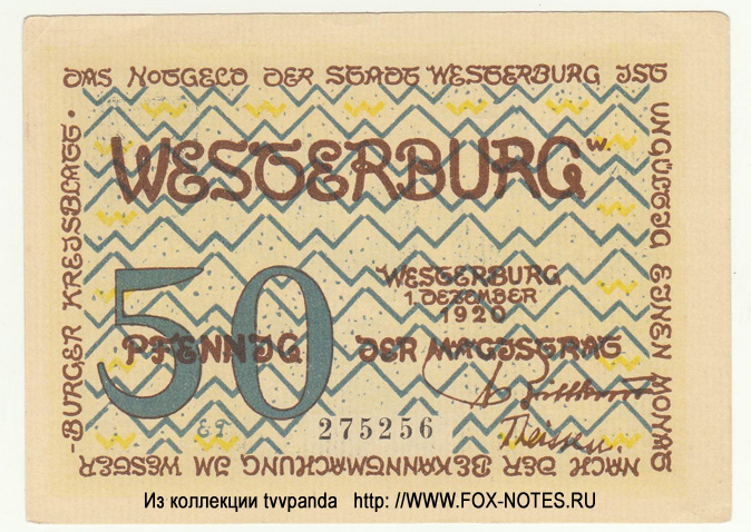Notgeld der Stadt Westerburg. 50 Pfennig. 1. Dezember 1920.