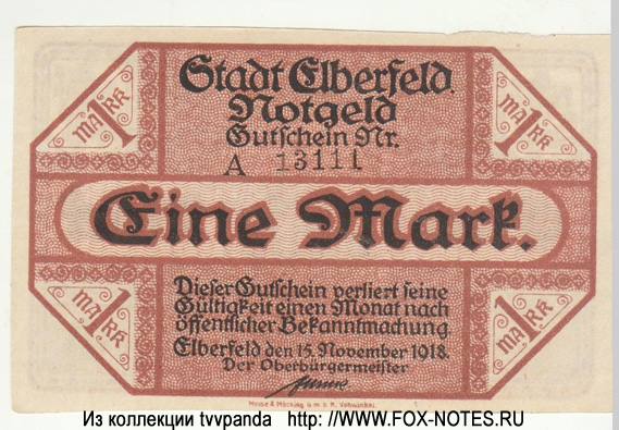 Stadt Elberfeld 1 Mark 1918