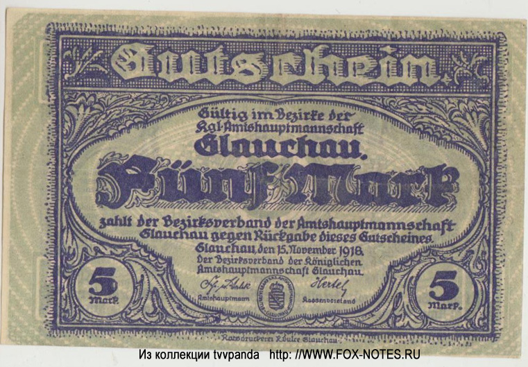 Bezirk der Amtshauptmannschaft  Kreis Glauchau 5 Mark 1918