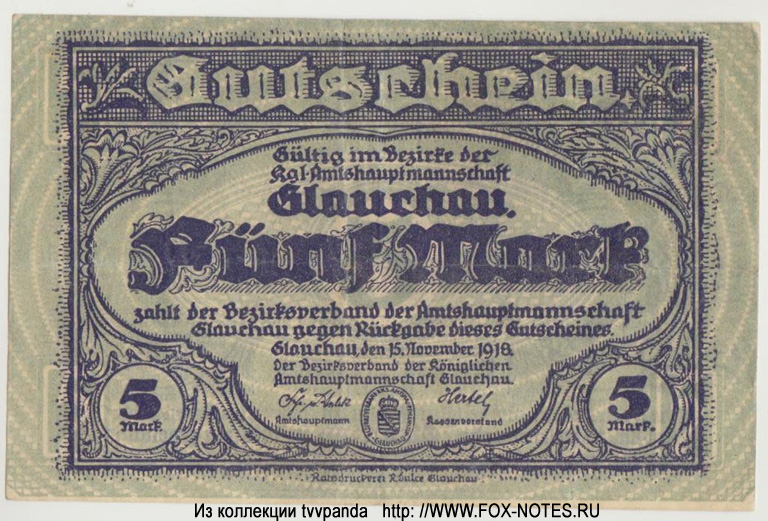 Bezirk der Amtshauptmannschaft  Kreis Glauchau 5 Mark 1918