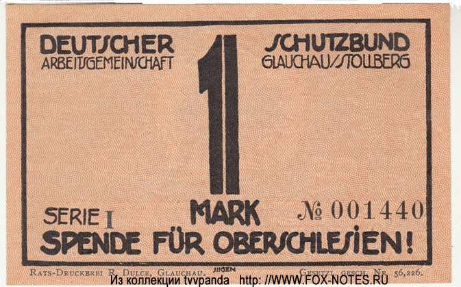 Deutscher Schutzbund, Arbeitsgemeinschaft Glauchau und Stollberg 1 Mark