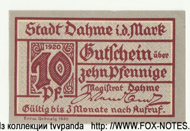Gutschein der Stadt Dahme. 10 Pfennig 1920.