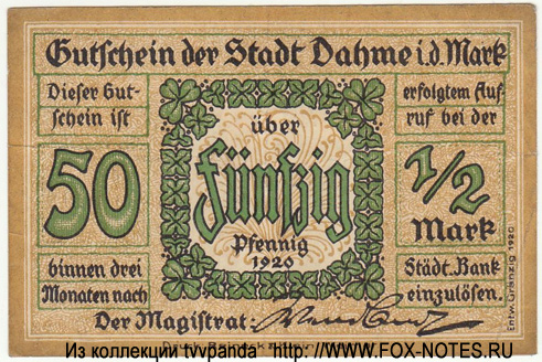 Gutschein der Stadt Dahme. 50 Pfennig 1920.