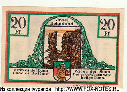 Spar- und Leihkasse der Landgemeinde Helgoland 20 Pfennig 1920 / NOTGELD / Gutschein. Oktober 1919.