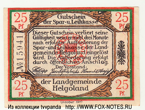 Spar- und Leihkasse der Landgemeinde Helgoland 25 Pfennig 1920 / NOTGELD / Gutschein. Oktober 1919.