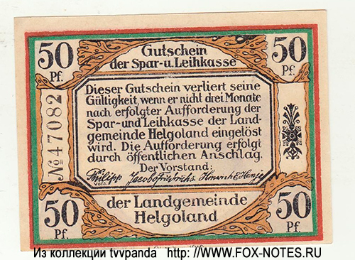 Spar- und Leihkasse der Landgemeinde Helgoland 50 Pfennig 1919 / NOTGELD / Gutschein. Oktober 1919.