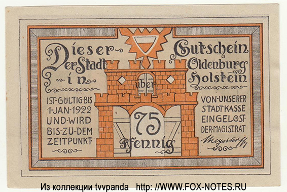 Gutschein der Stadt Oldenburg in Holstein. 75 Pfennig 1921.