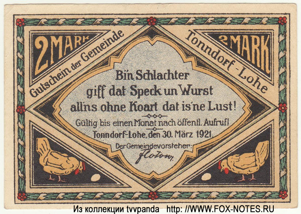 Gutschein der Gemeinde Tonndorf-Lohe. 2 Mark. 30.03.1921. 
