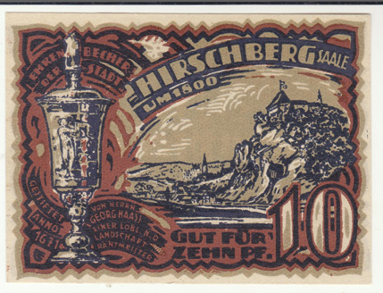 Stadtgemeinde Hirschberg a.d. Saale. Thüringen. Gutschein. 10 Pfennig. Gutschein. 31. März 1921.