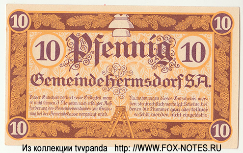 Gemeinde Hermsdorf 10 Pfennig 1919 NOTGELD
