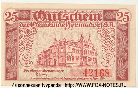 Gemeinde Hermsdorf 25  Pfennig 1919  Notgeld