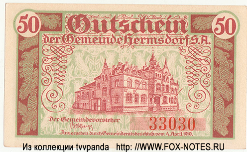 Gemeinde Hermsdorf 50 Pfennig 1919  Notgeld