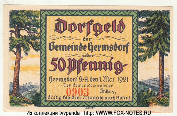 Gemeinde Hermsdorf 50 Pfennig 1920 Notgeld