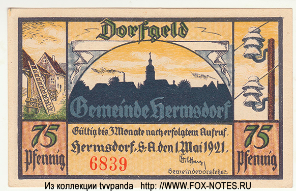 Gemeinde Hermsdorf 75 Pfennig 1920 Notgeld