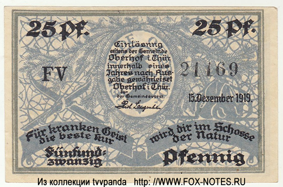 Notgeld der Gemeinde Oberhof. 25 Pfennig. 15. Dezember 1919.