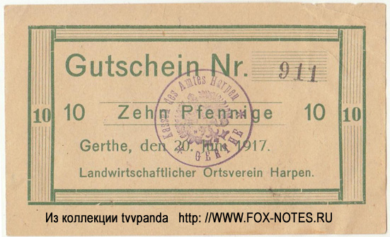 Gerthe Gutschein. 20. Juni 1917. 10 Pfennig.