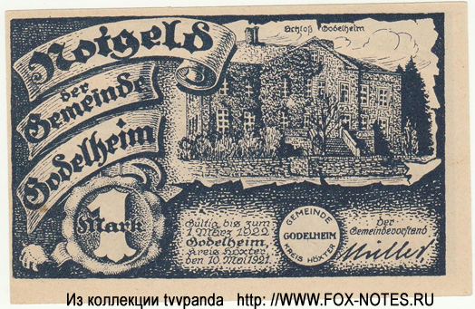 Notgeld der Gemeinde Godelheim. 1 Mark. 10. Mai 1921.