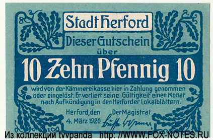Stadt Herford 10 Pfennig 1920 notgeld
