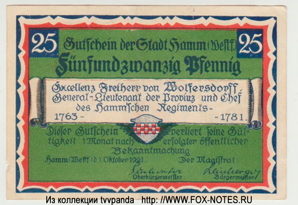 Gutschein der Stadt Hamm (Westf.). 25 Pfennig. 1. Oktober 1921.