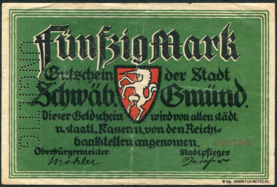 Stadt Schwäbisch Gmünd 50 Mark 1918