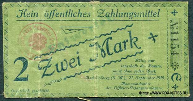 Offizier-Kriegsgefangenenlager Bad Colber 2 Mark 1915 Serie E+
