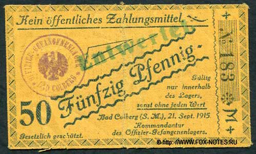 Offizier-Kriegsgefangenenlager Bad Colber 50 Pfennig 1915 Serie M+