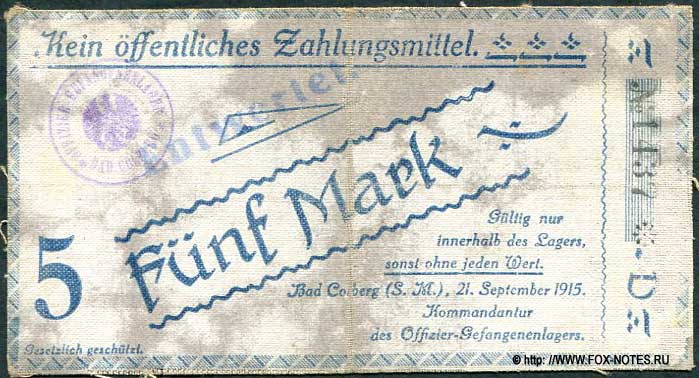 Offizier-Kriegsgefangenenlager Bad Colber 5 Mark 1915 Serie D