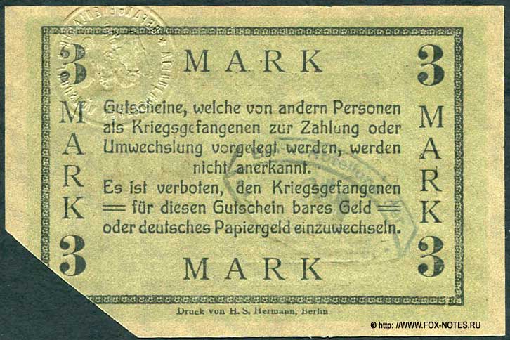 Gefangenen-Lager Zossen-Weinberge 3 Mark Druckfirma H.S. Hermann, Berlin, mit Prägestempel 