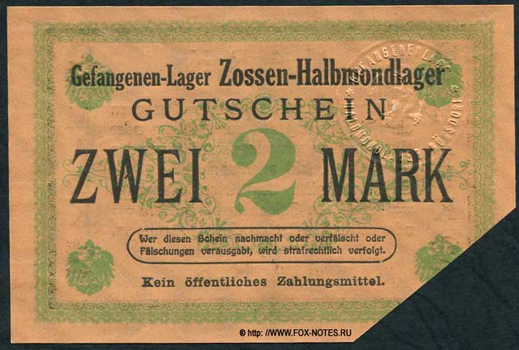 Gefangenen-Lager Zossen-Halbmondlager 2 Mark Druckfirma H.S. Hermann, Berlin 