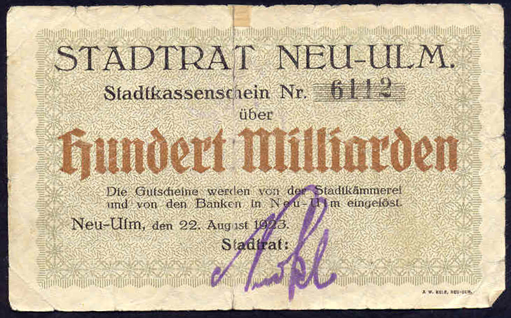 Stadt Neu-Ulm 100 Milliarden Mark 1923