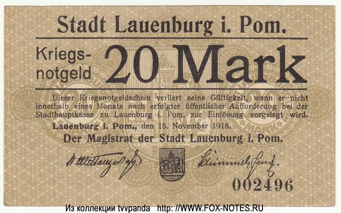 Stadt Lauenburg i. Pom. Kriegsnotgeld. 20 Mark 1918.
