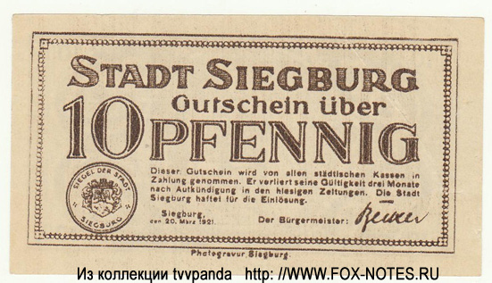 Stadt Siegburg 10 Pfennig 1921
