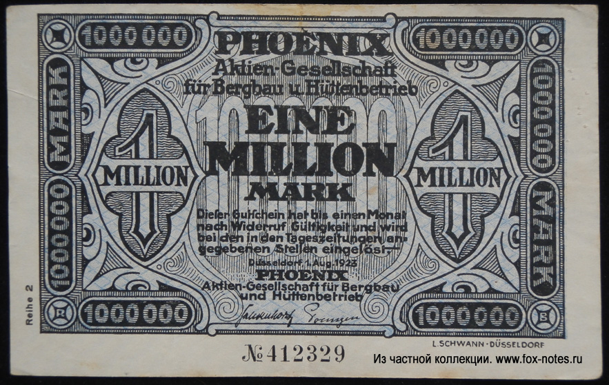 Phoenix, Aktien-Gesellschaft für Bergbau und Hüttenbetrieb 1000000 Mark 1923