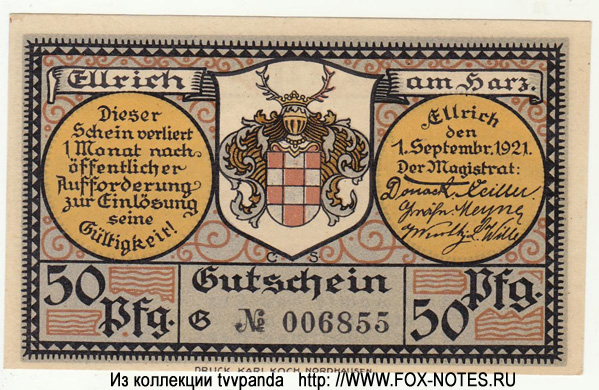 Stadt Ellrich 50 Pfennig 1921 = G