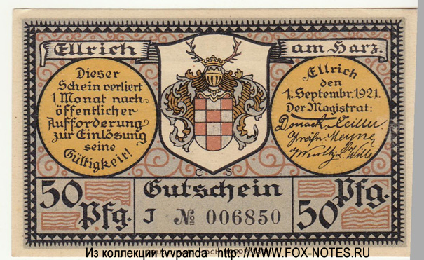 Stadt Ellrich 50 Pfennig 1921 = J
