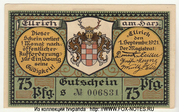 Stadt Ellrich 75 Pfennig 1921 = S