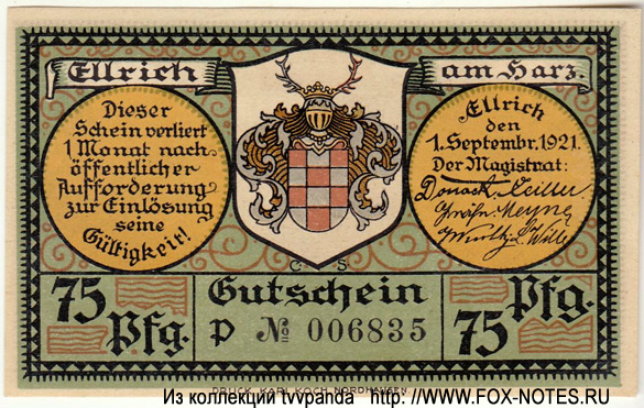 Stadt Ellrich 75 Pfennig 1921 = P
