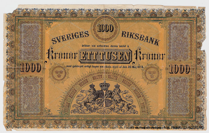 Sveriges Riksbank.   1000  1873.