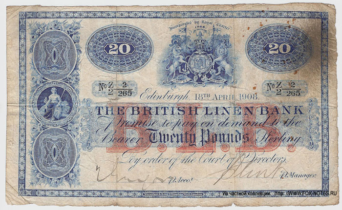 The British Linen Bank. 20 pounds banknote in 1908.