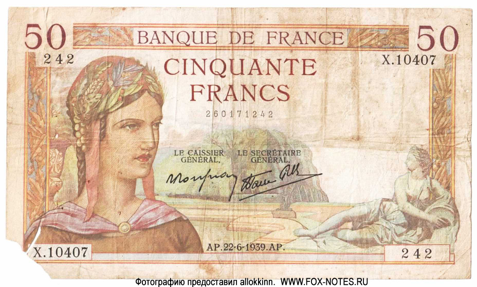 Banque de France 50  1939. "Cérès" 
