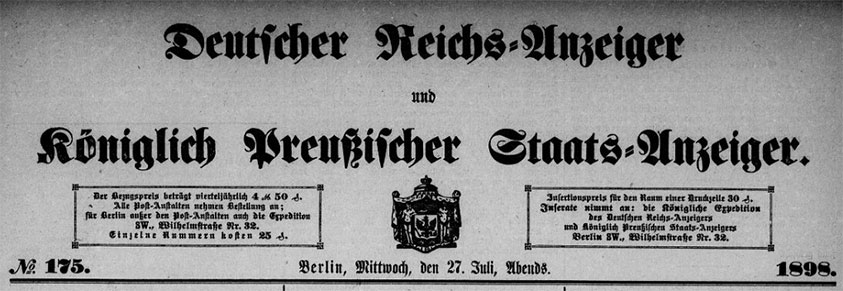 Deutscher Reichsanzeiger und Preußischer Staatsanzeiger.  175. Berlin, Mittwoch, den 27. Juli, Abends. 1898. 