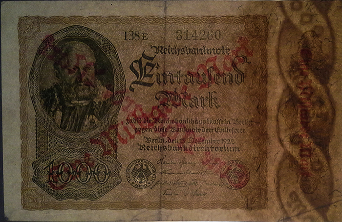   1000 Mark in zwei Bändern kordelartig verschlungen abwechselnd hell und dunkel  (1000  1922)