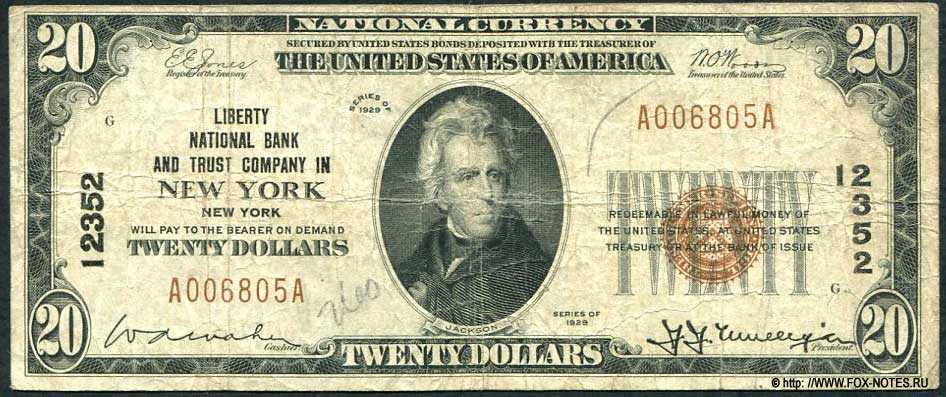 The Liberty National Bank And Trust Company in New York 20 Dollars SERIES OF 1929